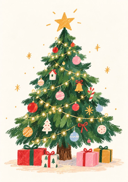 A crayon Christmas tree, with presents underneath