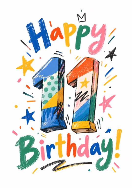 Un 11 patchwork scarabocchiato tra Buon e Compleanno, con stelle e una corona