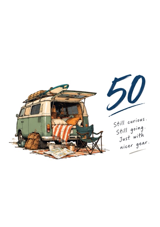 A green camper van with its tailgate up and a camp chair, beside a brushed 50