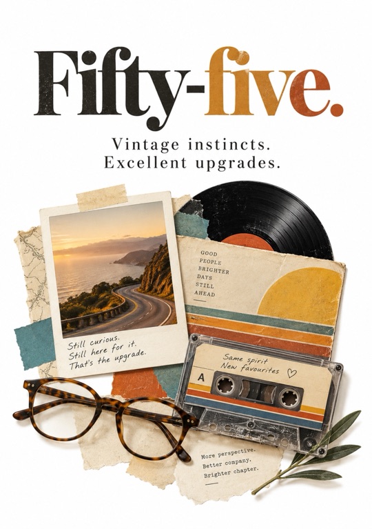 A collage of a coastal road photo, a record, a cassette and glasses under Fifty-five