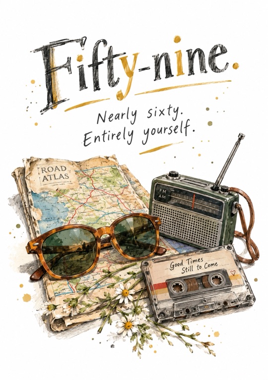 A road atlas, a radio, sunglasses, a cassette and daisies under Fifty-nine