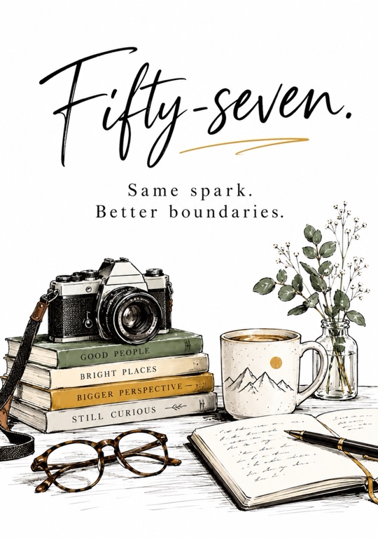 A film camera on a stack of books beside a coffee and an open notebook under Fifty-seven