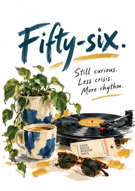 A painted pot plant, a coffee, a turntable and sunglasses under Fifty-six