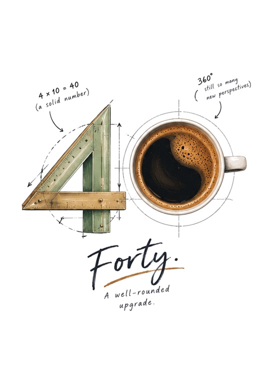 Un 4 costruito con squadre da disegno accanto a una tazza di caffè che forma lo 0