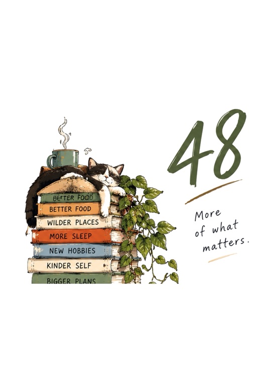 A cat asleep on a stack of books with a coffee and a trailing vine, beside a 48