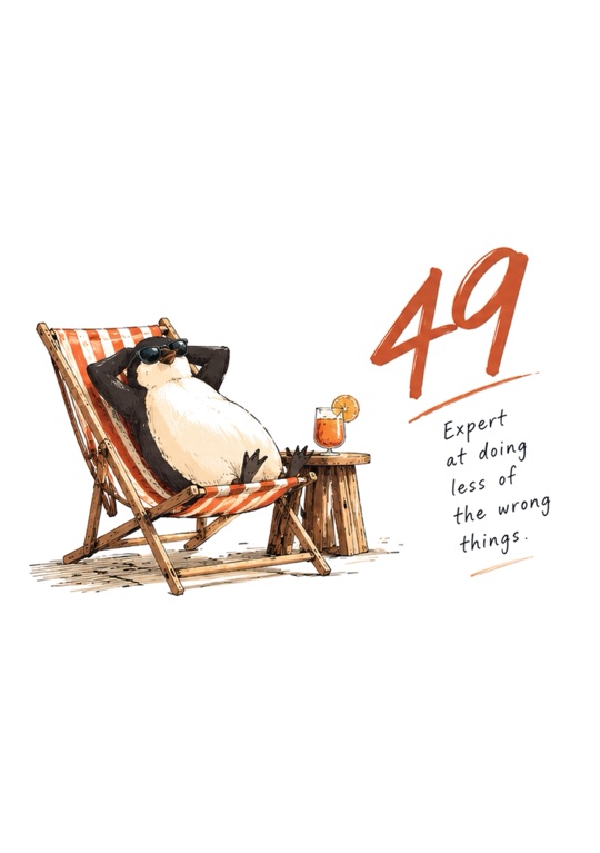 A penguin in sunglasses lounging in a deck chair with an orange drink, beside a 49