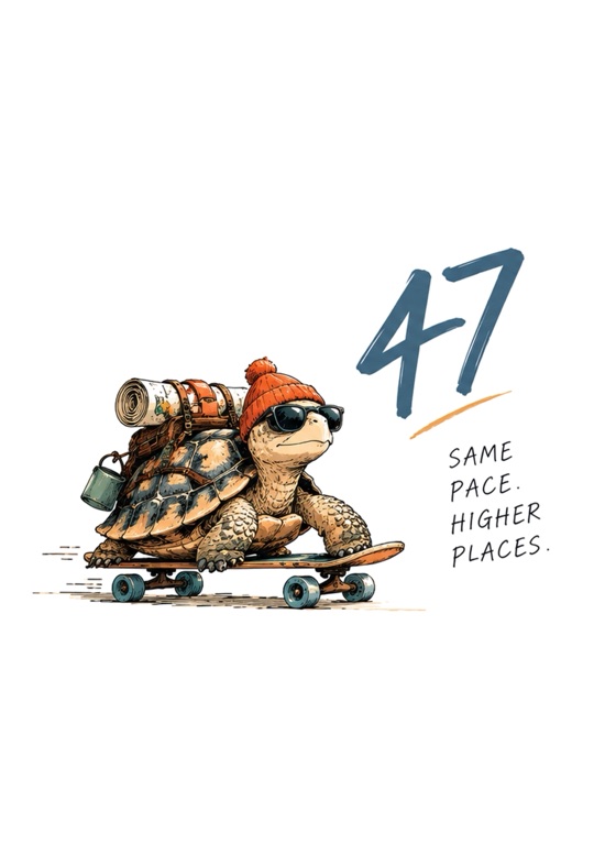 A turtle in a beanie and sunglasses skateboarding beside a 47