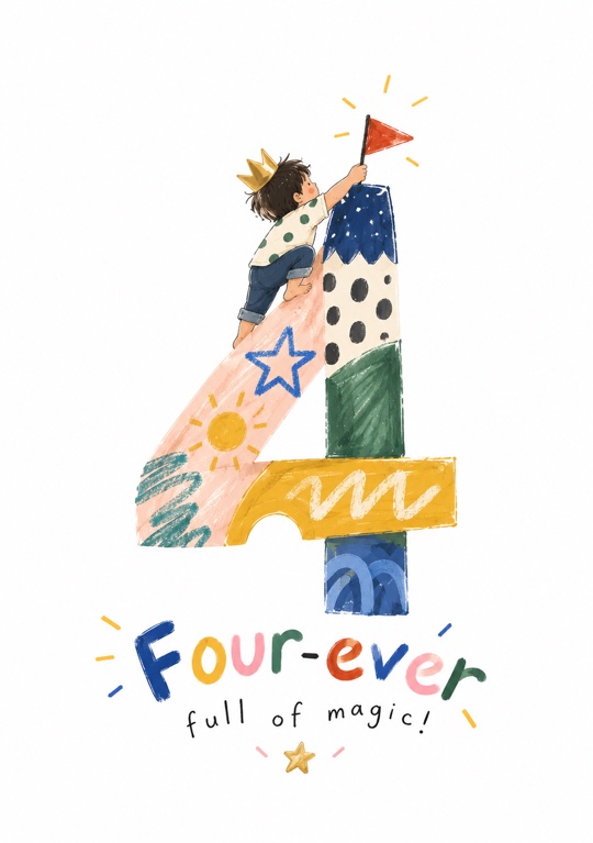 A patchwork 4 for a fourth birthday, climbed to plant a flag