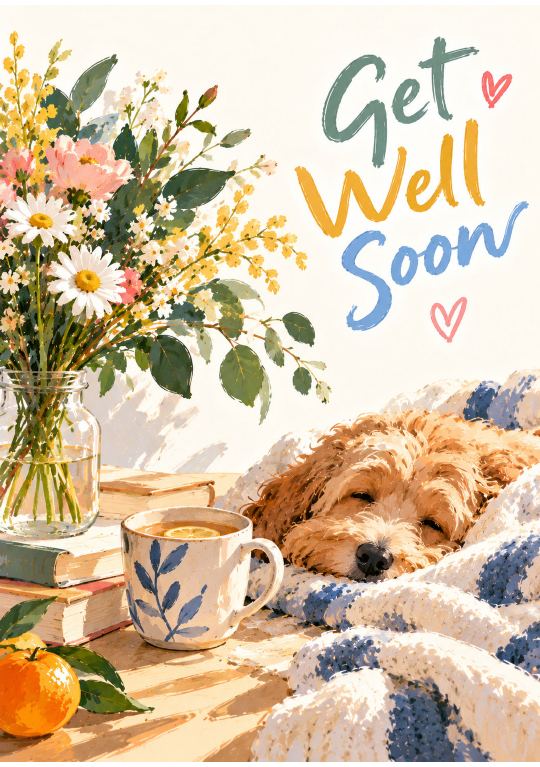 Get well soon, with daisies and a sleepy dog