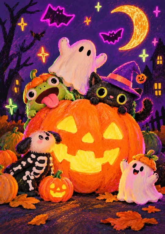 A glowing jack-o’-lantern and its spooky little friends