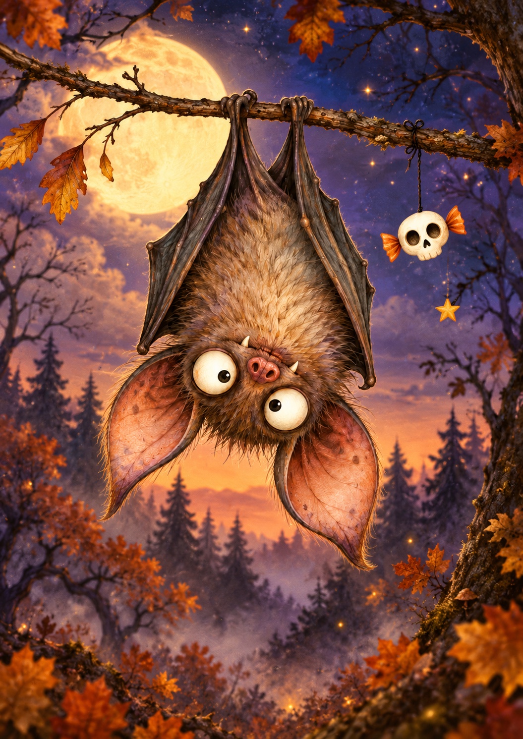 A wide-eyed bat hanging upside down from a branch under a full moon