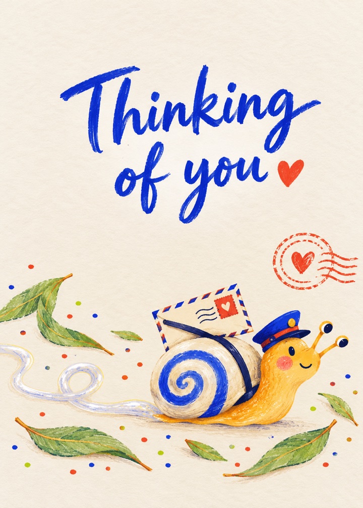 Thinking of you, with a snail in a postman’s cap carrying a letter