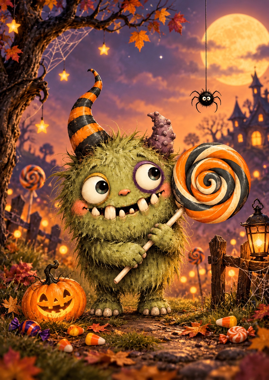 A fuzzy green monster hugging a giant swirl lollipop beside a jack-o’-lantern