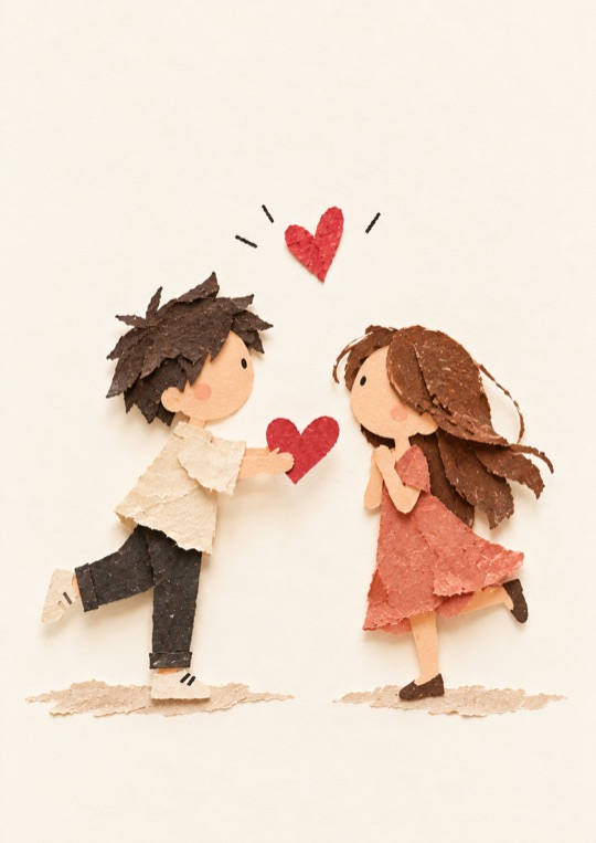 Torn-paper sweethearts, and a heart handed over