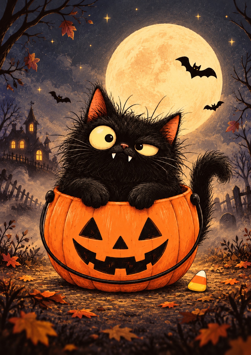 A fluffy black cat peeking out of a jack-o’-lantern bucket under a full moon
