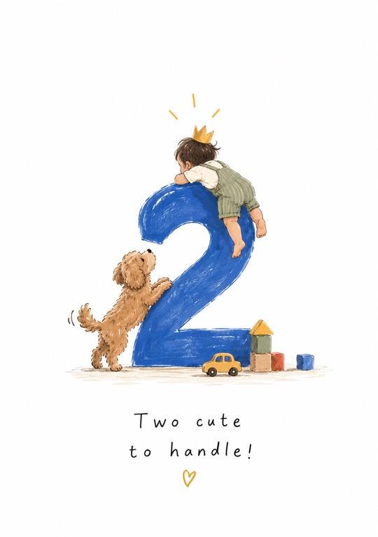 A big blue 2 for a second birthday, with a crown, a dog and toy blocks