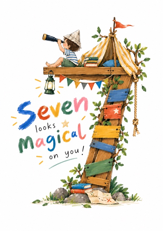 A treehouse 7 with a telescope and a treasure map for a seventh birthday