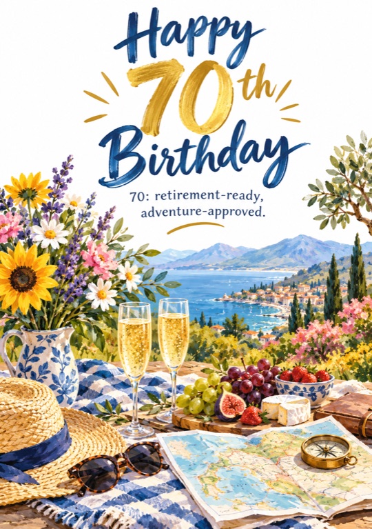 Champagne, flowers, a map and a compass on a table above the sea, under a gold 70