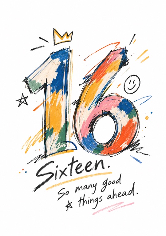 Un 16 colorato e scarabocchiato con una corona e una faccina sorridente per il sedicesimo compleanno
