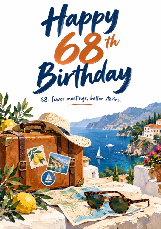 A leather suitcase, a straw hat and sunglasses above a blue bay, under an orange 68
