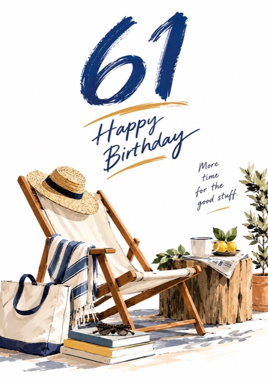A deck chair with a straw hat, a canvas bag and a stack of books, under a blue 61