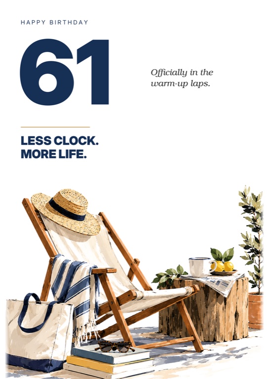 A straw hat on a deck chair, with a canvas bag, books and lemons, under a bold navy 61