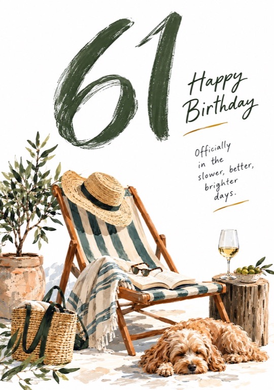 A curly dog asleep by a deck chair with a straw hat, beside a brushed 61