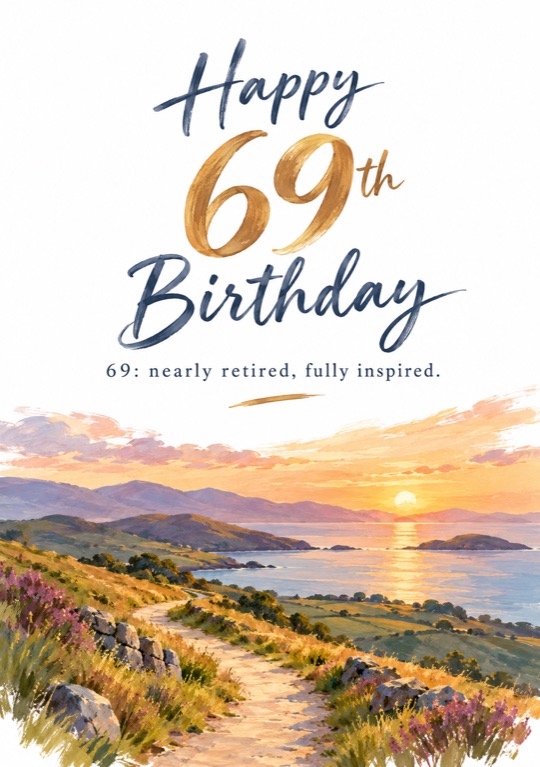 A coastal path winding toward a sunset over the water, under a gold 69