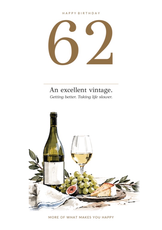 A bottle of white wine, a glass, grapes, a fig and cheese, under a gold 62