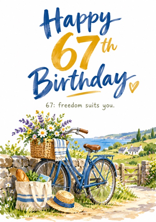 A blue bicycle with a basket of wildflowers by a stone wall, under a yellow 67