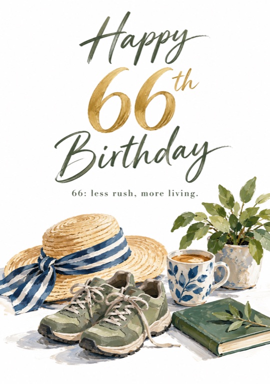 A straw hat, walking shoes, a coffee and a green book, under a gold 66
