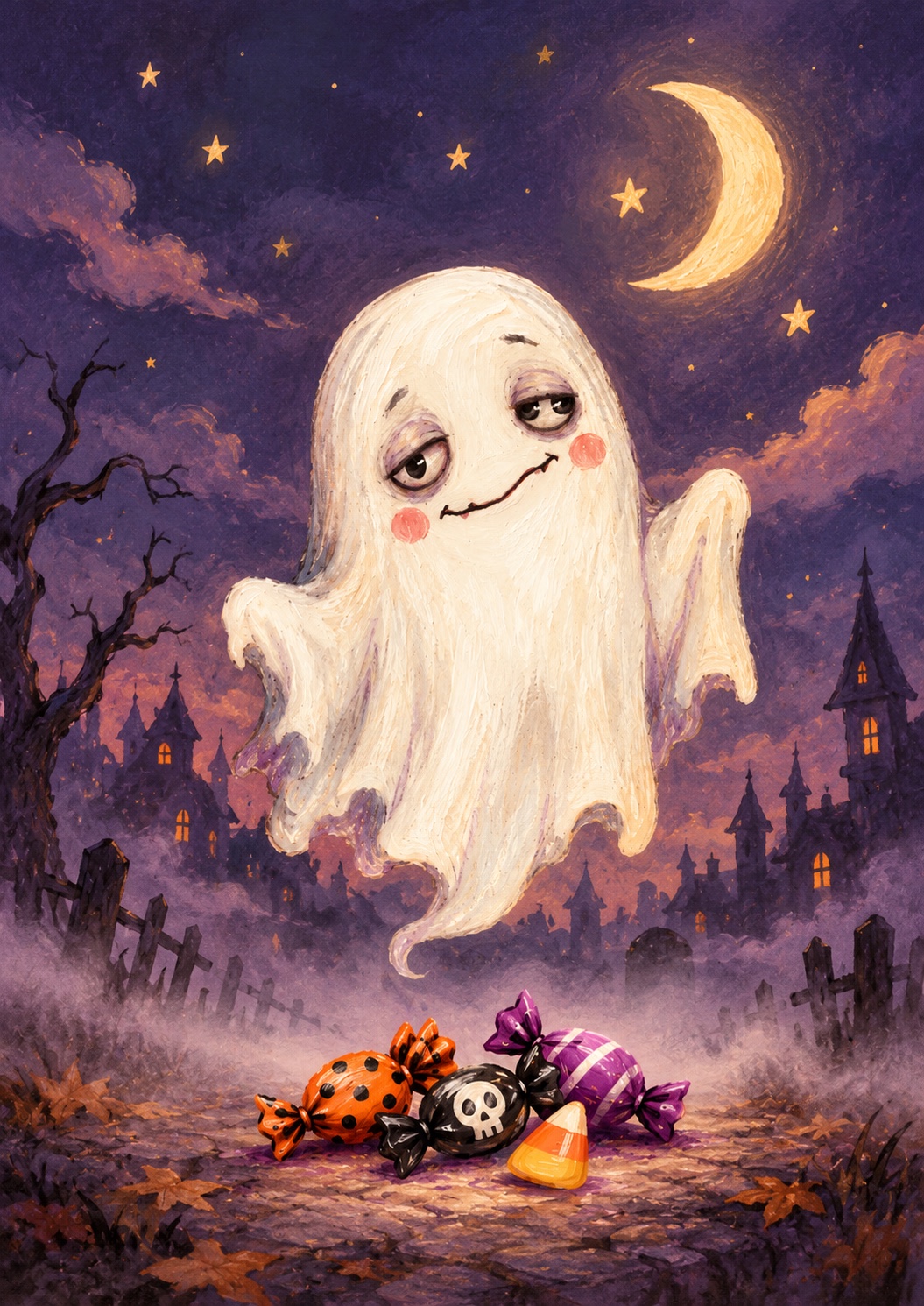 A sleepy, blushing ghost floating over a pile of Halloween sweets