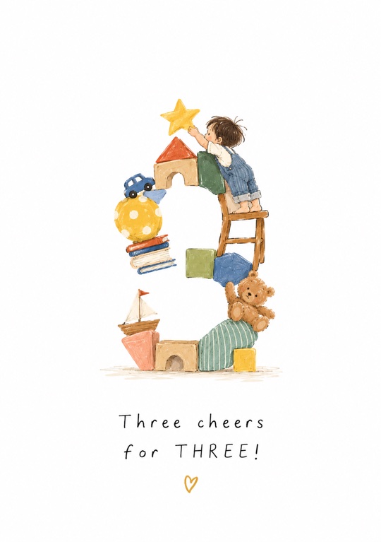 A 3 stacked from blocks, books and a teddy bear for a third birthday