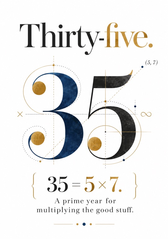 Un 35 blu scuro e nero disegnato con cerchi dorati e linee guida: 35 = 5 × 7