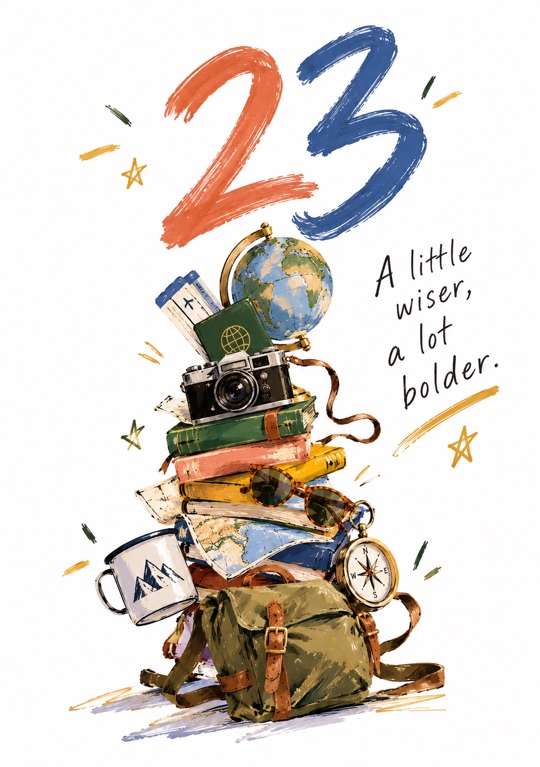 Un 23 dipinto sopra libri, una macchina fotografica, un mappamondo, una bussola e uno zaino